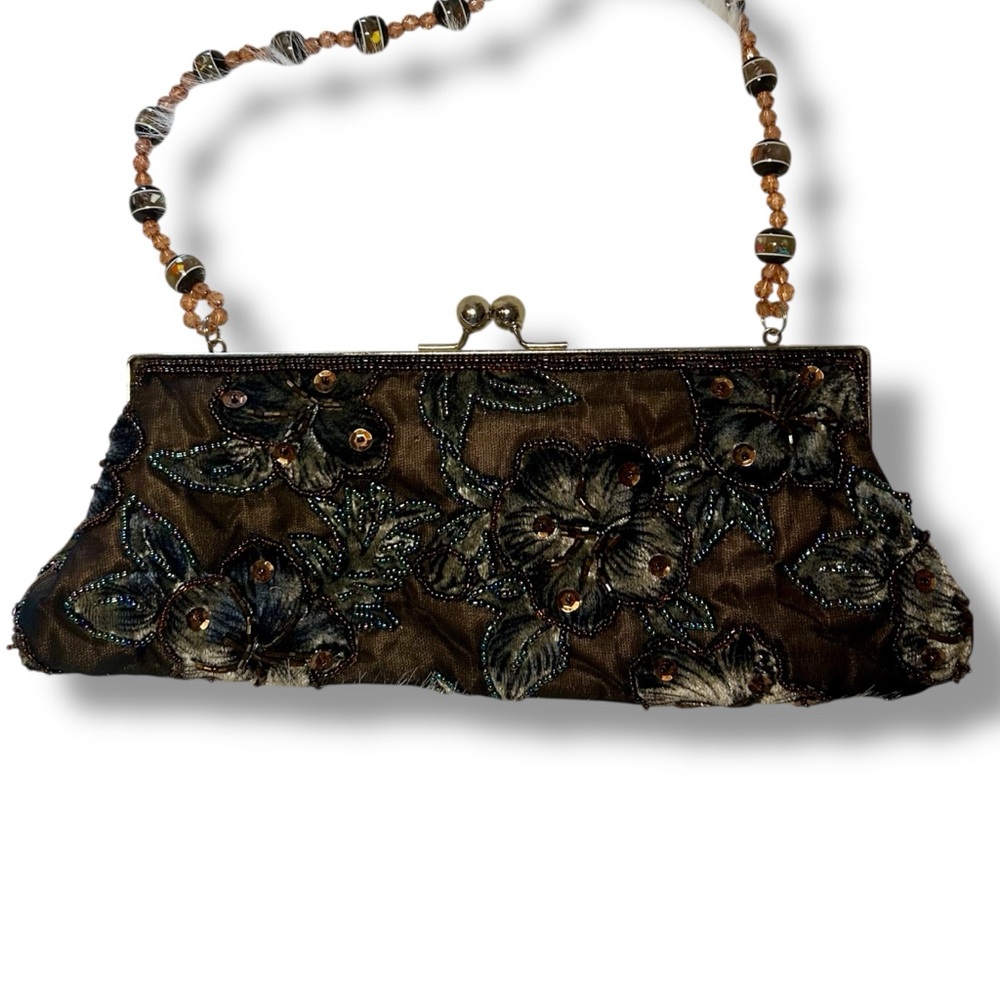 Vintage Bisou Bisou Embellished Floral Black Brown Silver Kiss Lock Clutch Purse